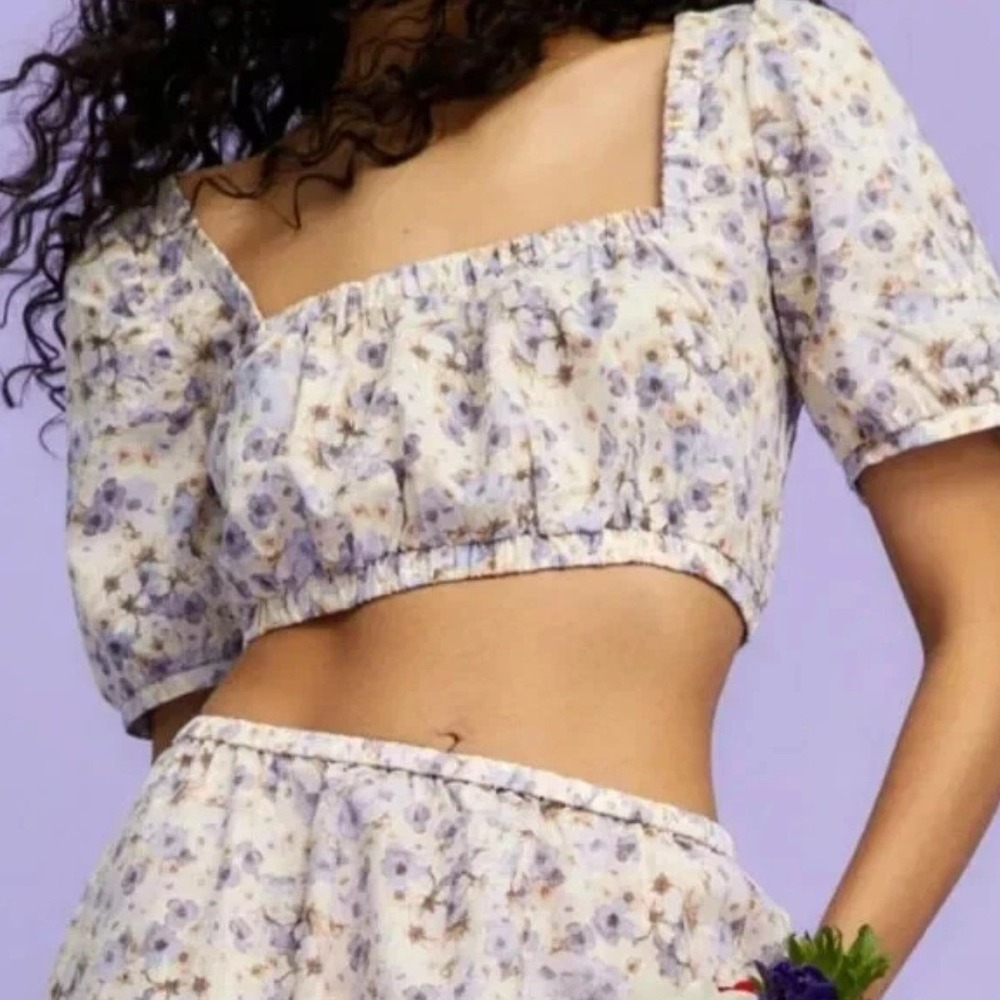 H&M Linen Blend Floral Lace Up Back Crop Top Purple White Puff Sleeve 1069728 5